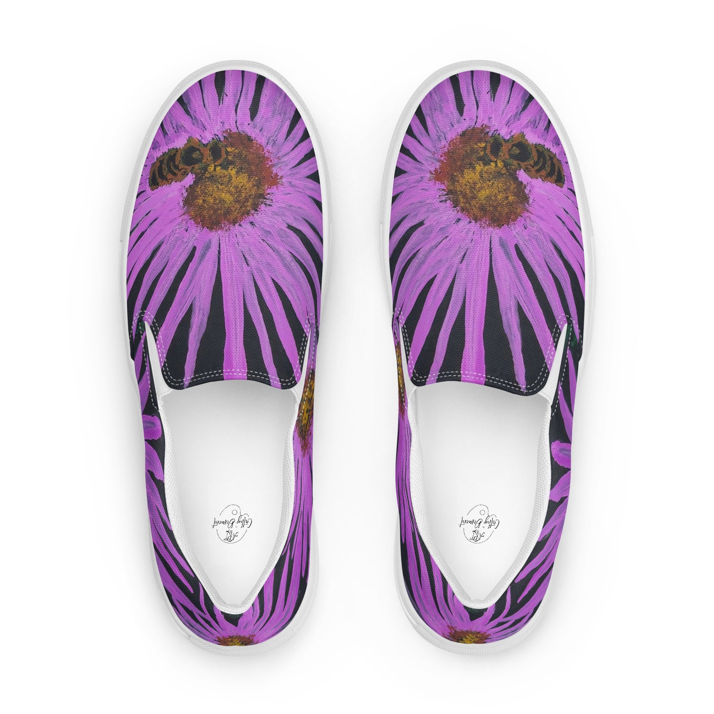 Women’s Slip-on Canvas Shoes - Purple Aster Flowers with Bee Artwork Design