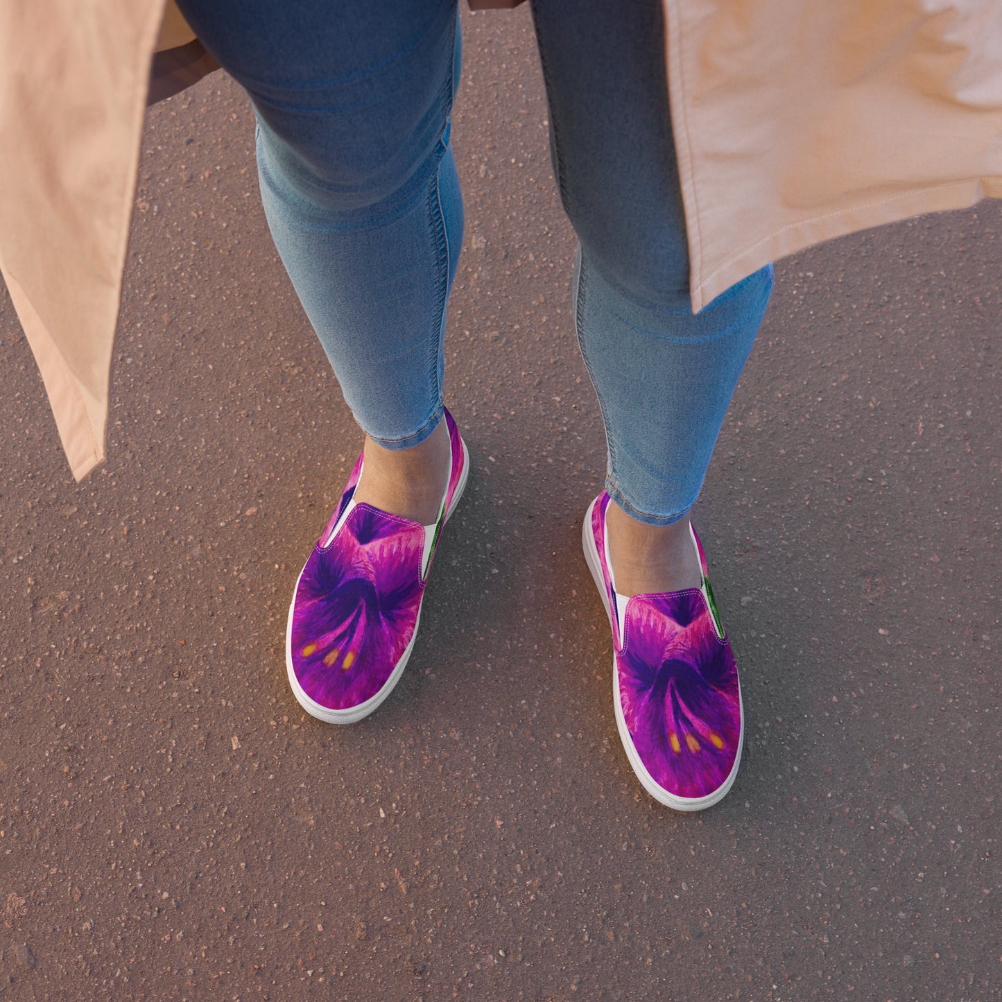 Women’s Slip-on Canvas Shoes - Royal Reverie, Purple Gladiola Artwork Design