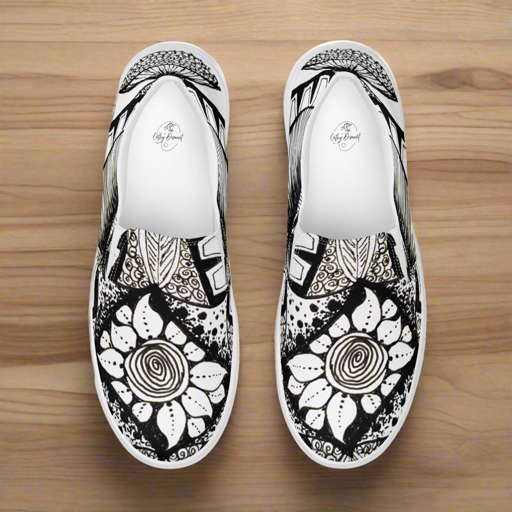 Women’s Slip-on Canvas Shoes: Zen-dala, Intricate Zentangle Floral Art