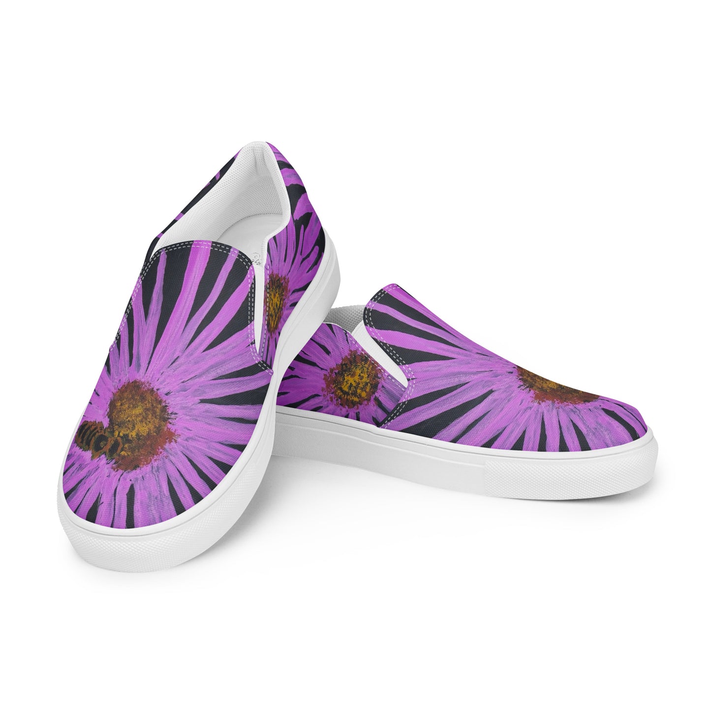 Women’s Slip-on Canvas Shoes - Purple Aster Flowers with Bee Artwork Design