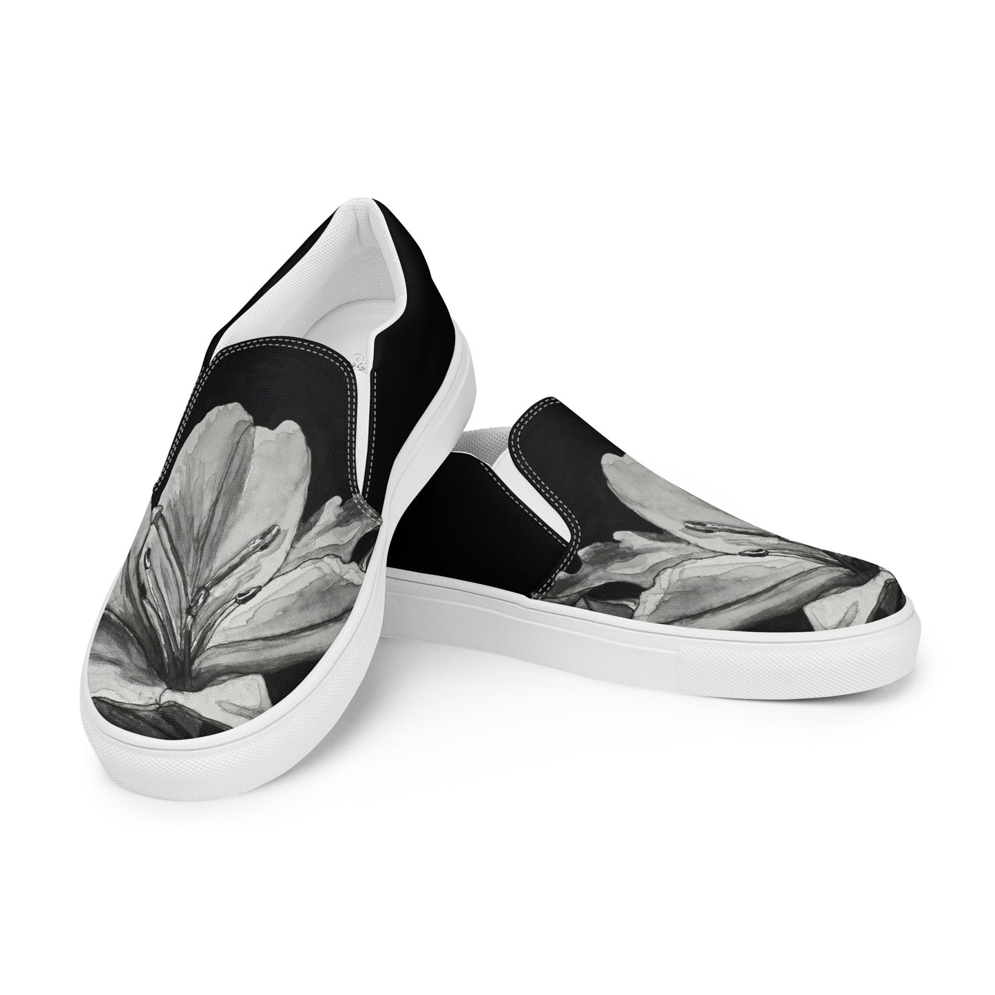 Women’s Slip-on Canvas Shoes - Floral Elegance: Monochrome Lily Artwork Design