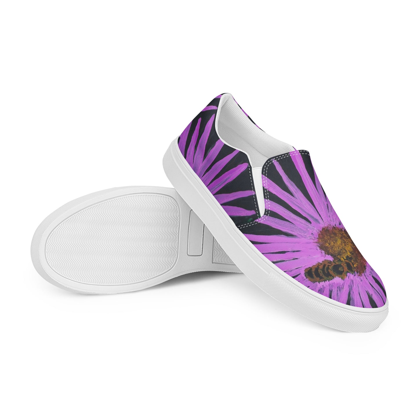 Women’s Slip-on Canvas Shoes - Purple Aster Flowers with Bee Artwork Design